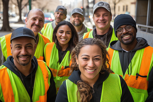 Diverse and mixed group of sanitation workers working in New York waste and recycling company